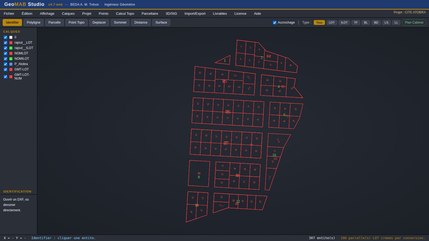 Le lotissement de la Cité Atobra ouvert dans GeoMAB Studio après conversion : 106 parcelles LOT numérotées, la barre d'état annonçant « 106 parcelle(s) LOT creees par conversion ».