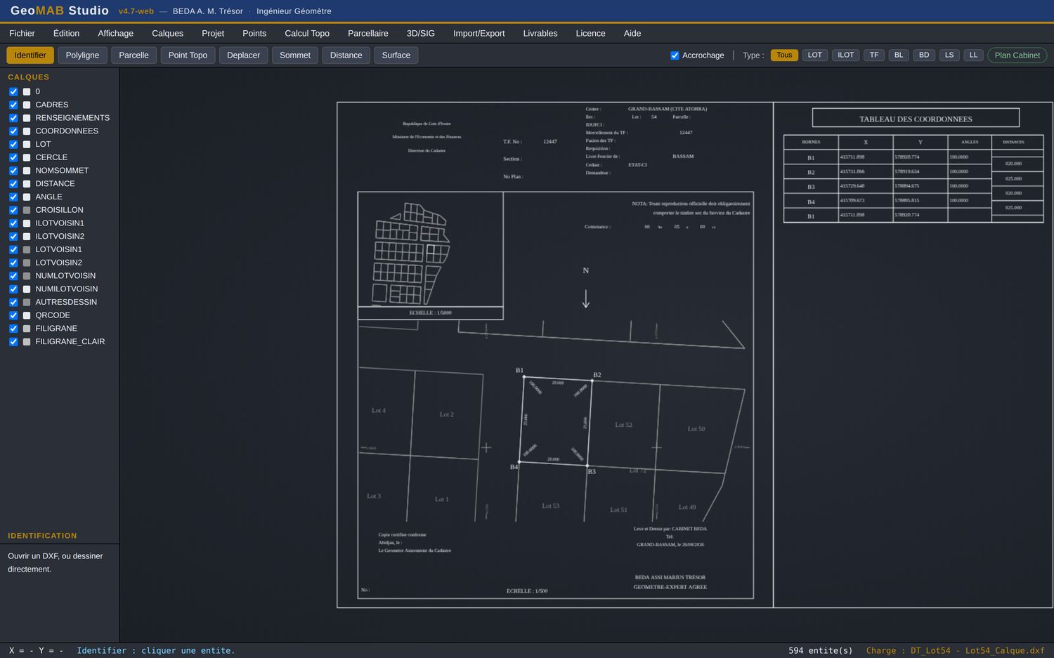 Le calque foncier A3 produit par GeoMAB Studio, ouvert dans le logiciel : cadre de la Direction du Cadastre, plan de situation au 1/5000, bornes cotées et tableau des coordonnées.